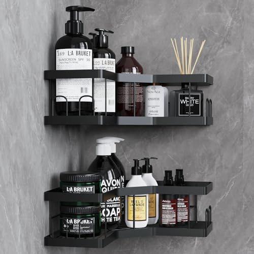 AceMining Shower Caddy 2-Pack Black Carbon Steel Adhesive Corner Shelf