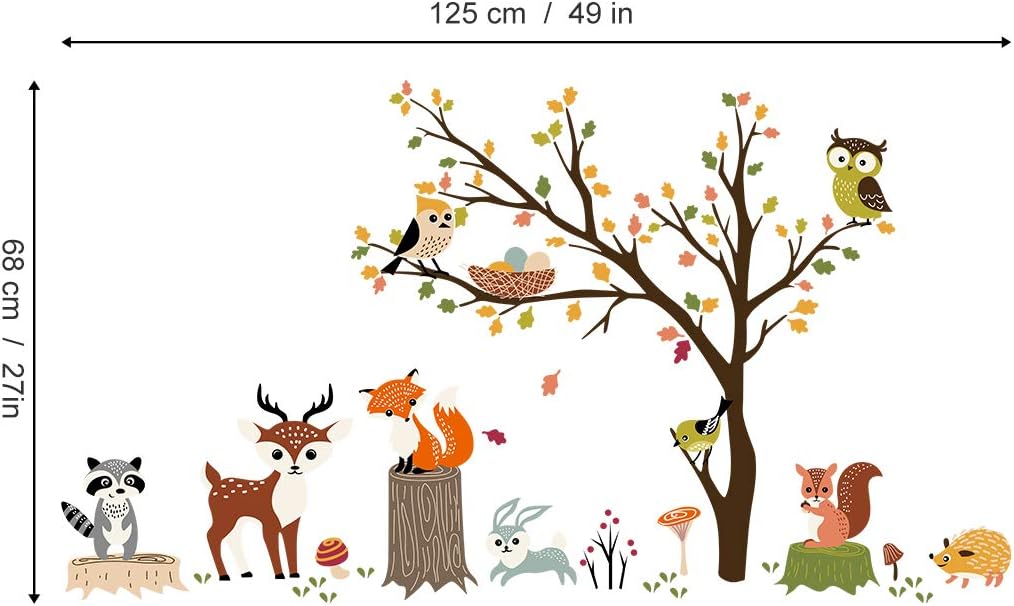 Decalmile Animal Tree Wall Decals Owl Fox Deer Kids Bedroom Nursery Decor