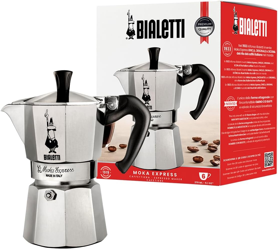 Bialetti Moka Express 6-Cup Stovetop Espresso Maker Silver 270ml