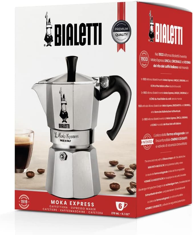 Bialetti Moka Express 6-Cup Stovetop Espresso Maker Silver 270ml