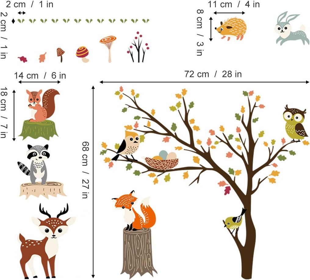 Decalmile Animal Tree Wall Decals Owl Fox Deer Kids Bedroom Nursery Decor