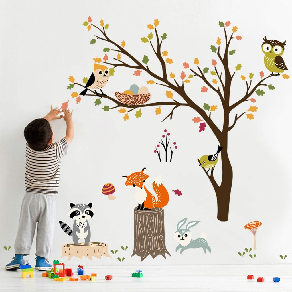 Decalmile Animal Tree Wall Decals Owl Fox Deer Kids Bedroom Nursery Decor