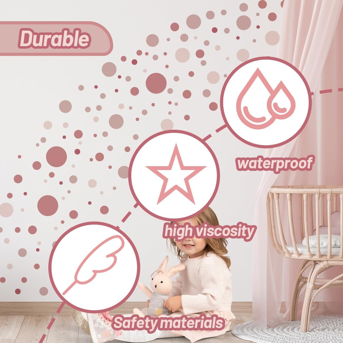 JYNVO 140 Pastel Pink Circle Wall Stickers for Kids Room Nursery