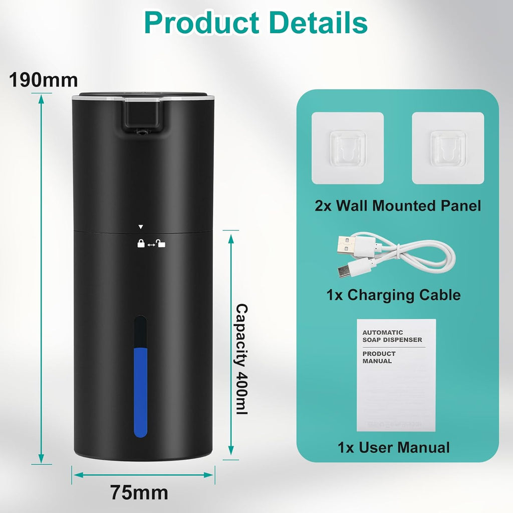 PUGTOW Touch-Free Automatic Soap Dispenser 400ml Wall-Mounted 1800mAh Rechargeable