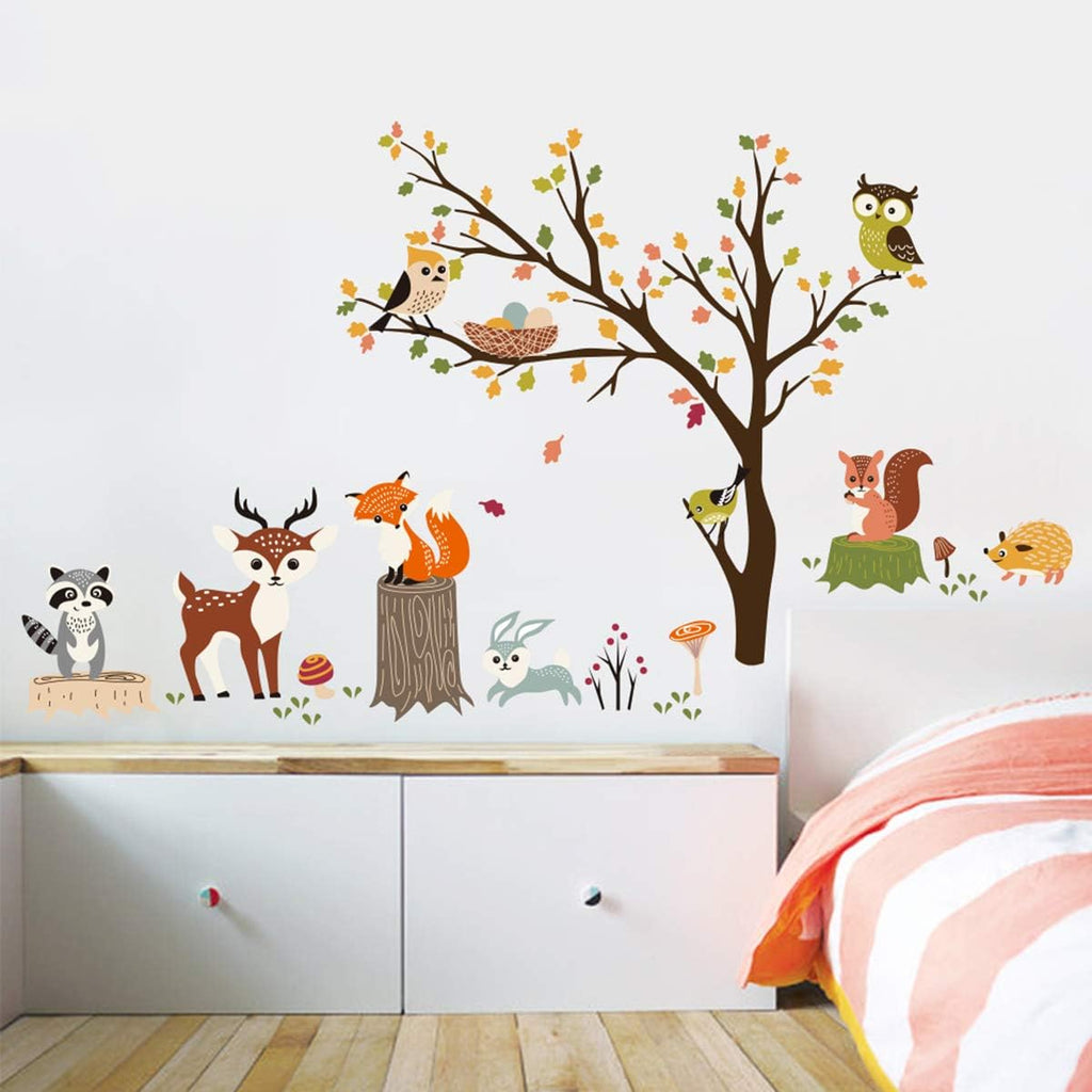 Decalmile Animal Tree Wall Decals Owl Fox Deer Kids Bedroom Nursery Decor