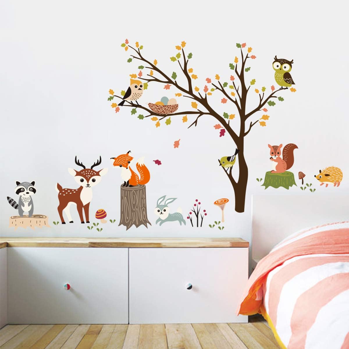 Decalmile Animal Tree Wall Decals Owl Fox Deer Kids Bedroom Nursery Decor