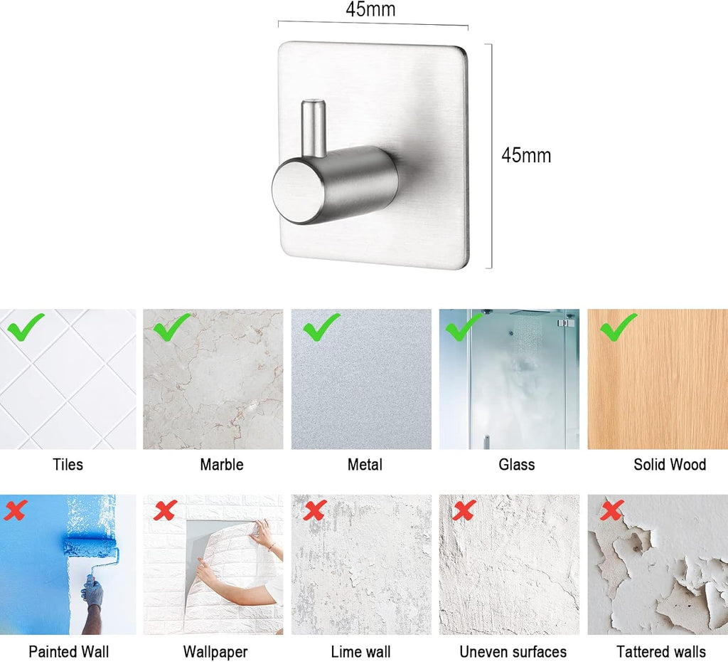 BillyBath Self-Adhesive Towel Hook Stainless Steel 304 4-Pack No Drilling