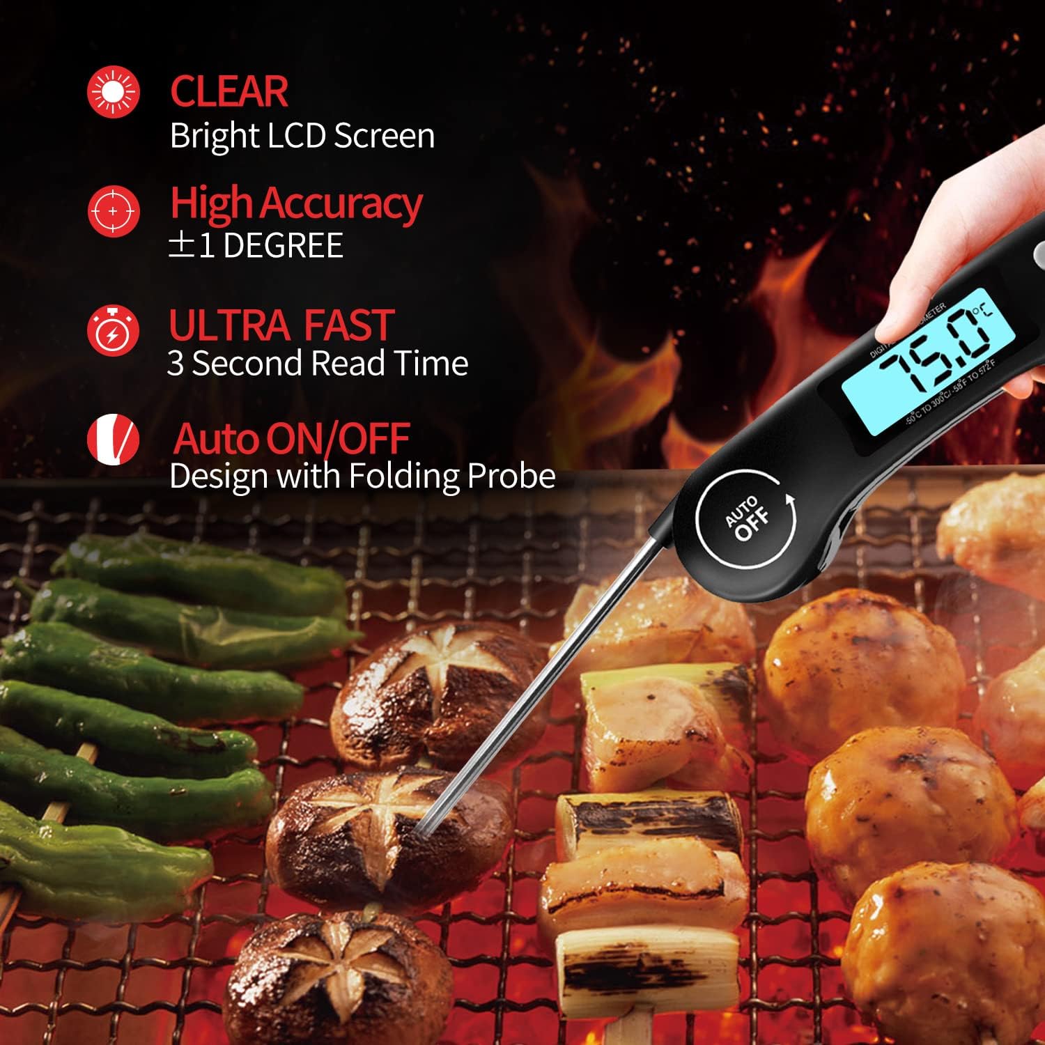 DOQAUS Digital Meat Thermometer 3s Instant Read Foldable Probe Grill Thermometer