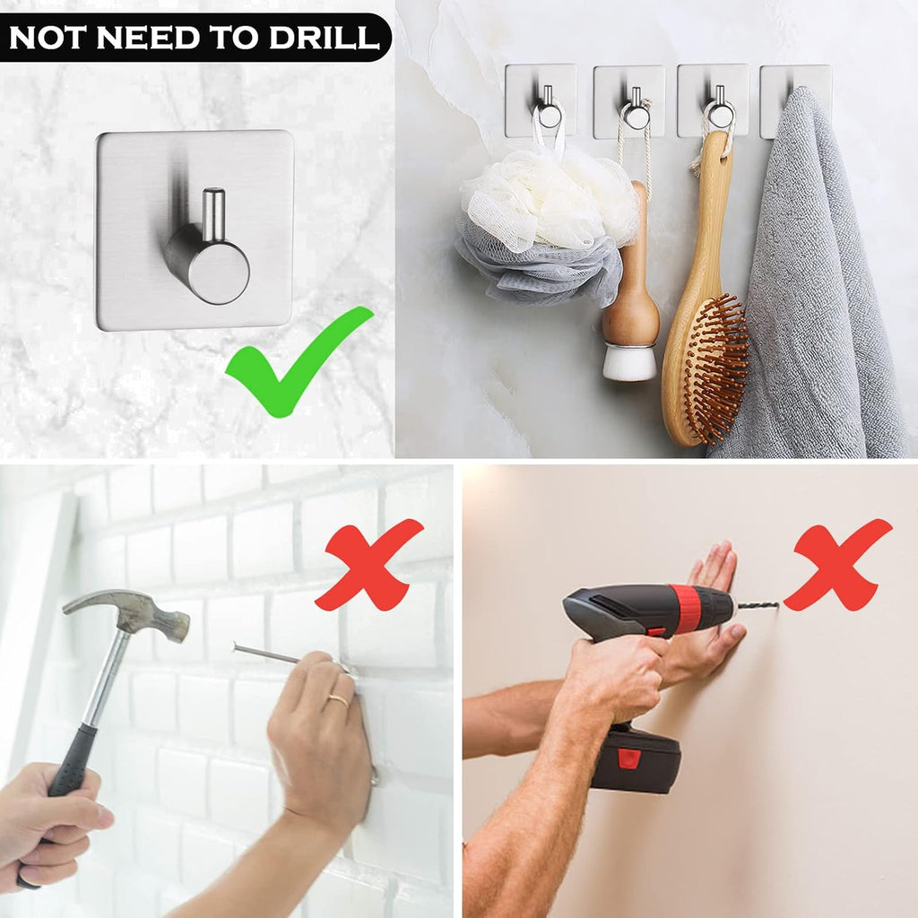 BillyBath Self-Adhesive Towel Hook Stainless Steel 304 4-Pack No Drilling