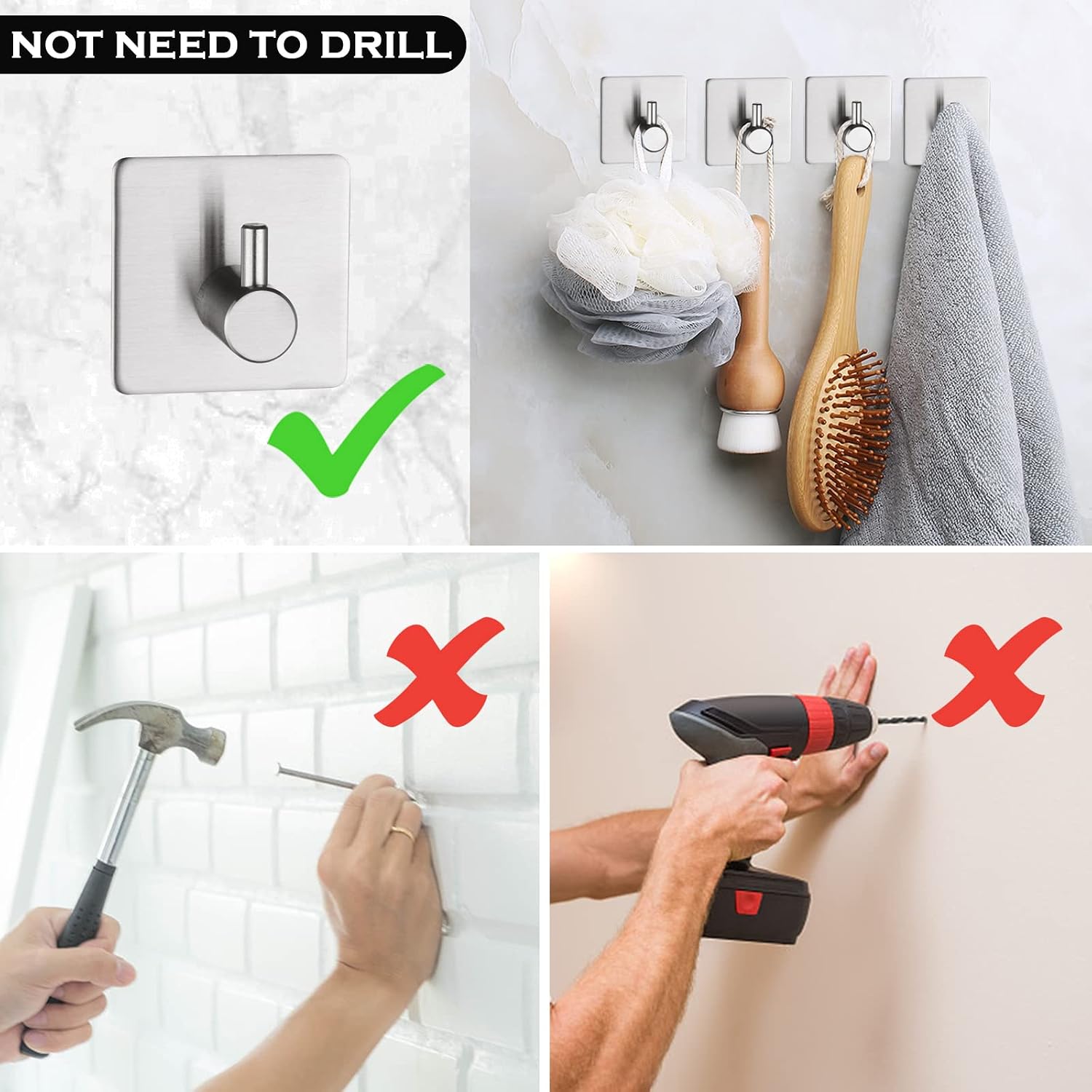 BillyBath Self-Adhesive Towel Hook Stainless Steel 304 4-Pack No Drilling