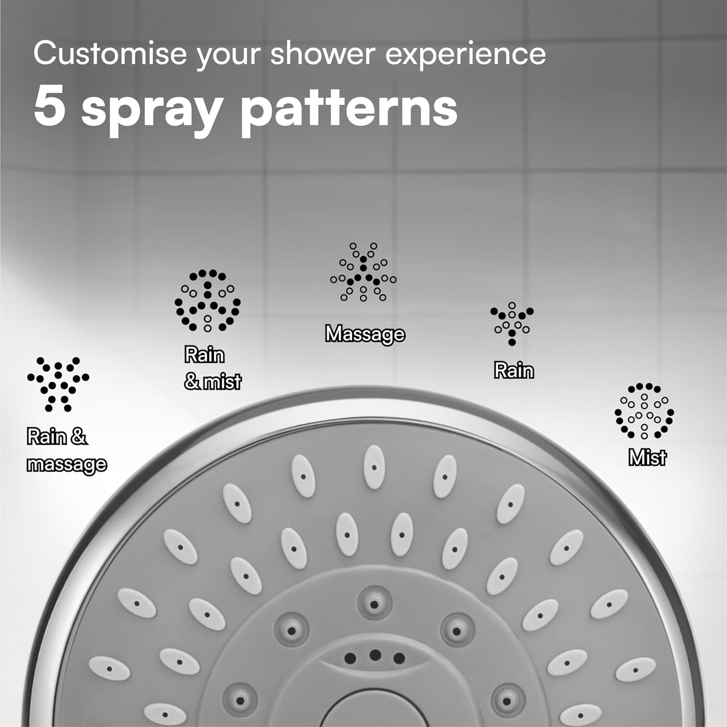 H&S High Pressure Handheld Shower Head 5 Spray Modes Chrome
