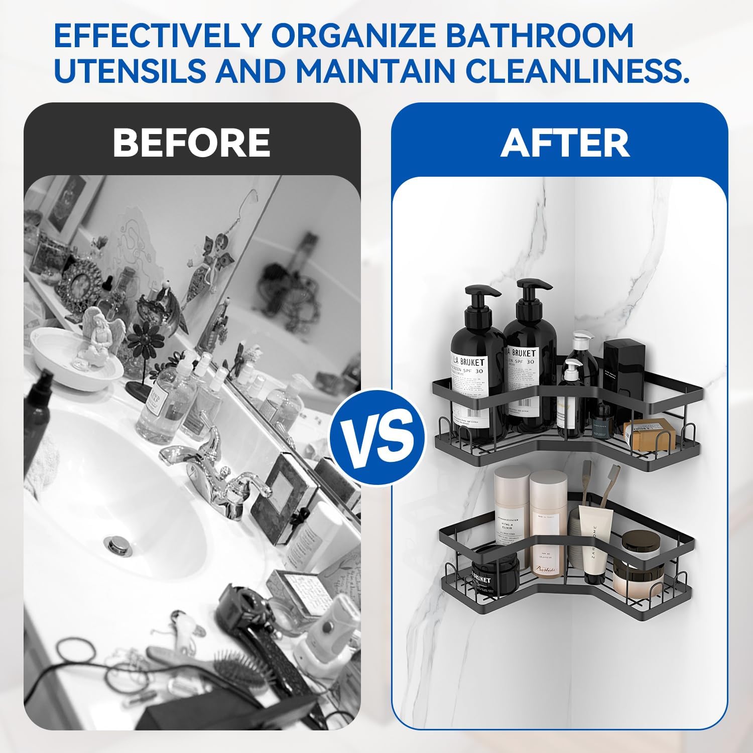 AceMining Shower Caddy 2-Pack Black Carbon Steel Adhesive Corner Shelf