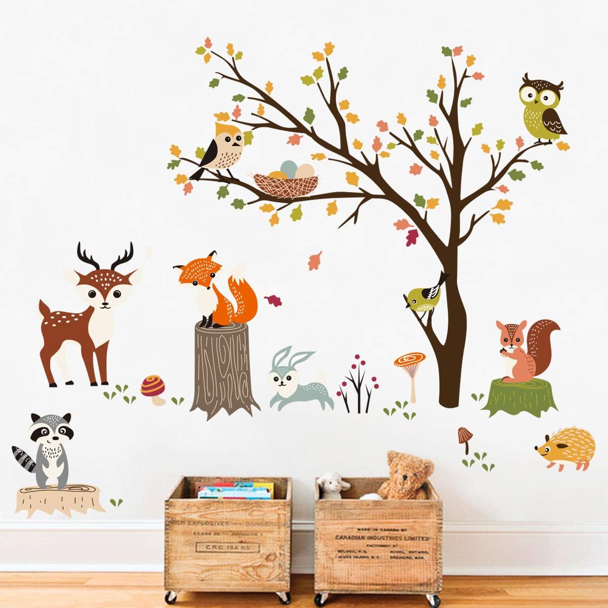 Decalmile Animal Tree Wall Decals Owl Fox Deer Kids Bedroom Nursery Decor