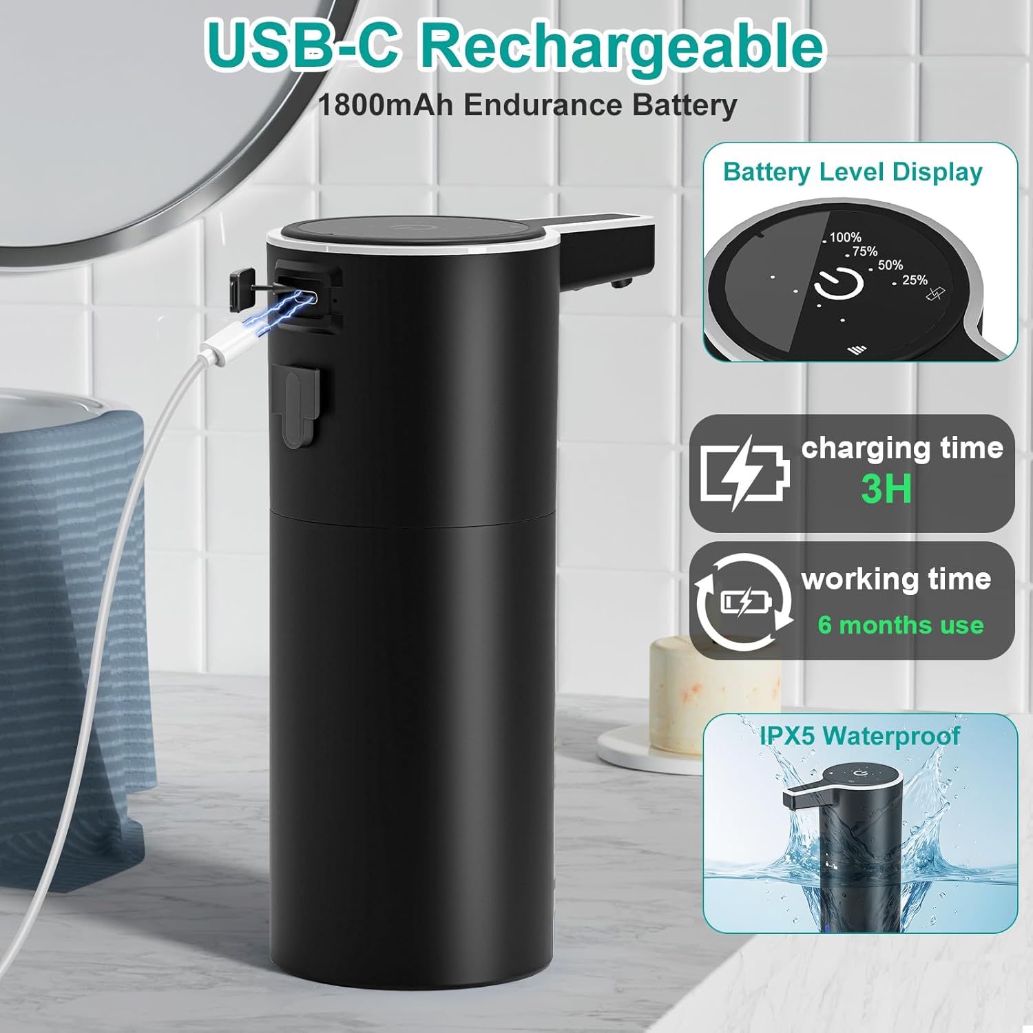 PUGTOW Touch-Free Automatic Soap Dispenser 400ml Wall-Mounted 1800mAh Rechargeable