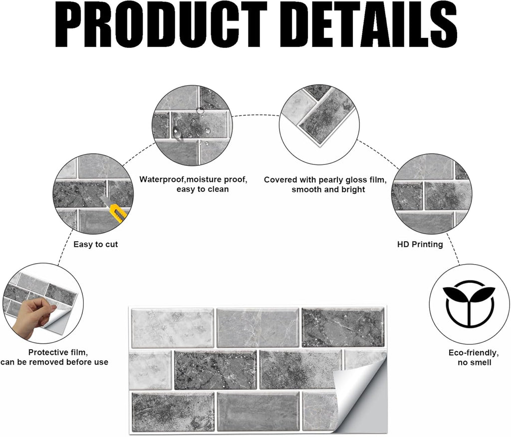AMOYUN 24 Sheets Self-Adhesive Vinyl Tile Stickers Retro Grey Kitchen Bathroom Decor