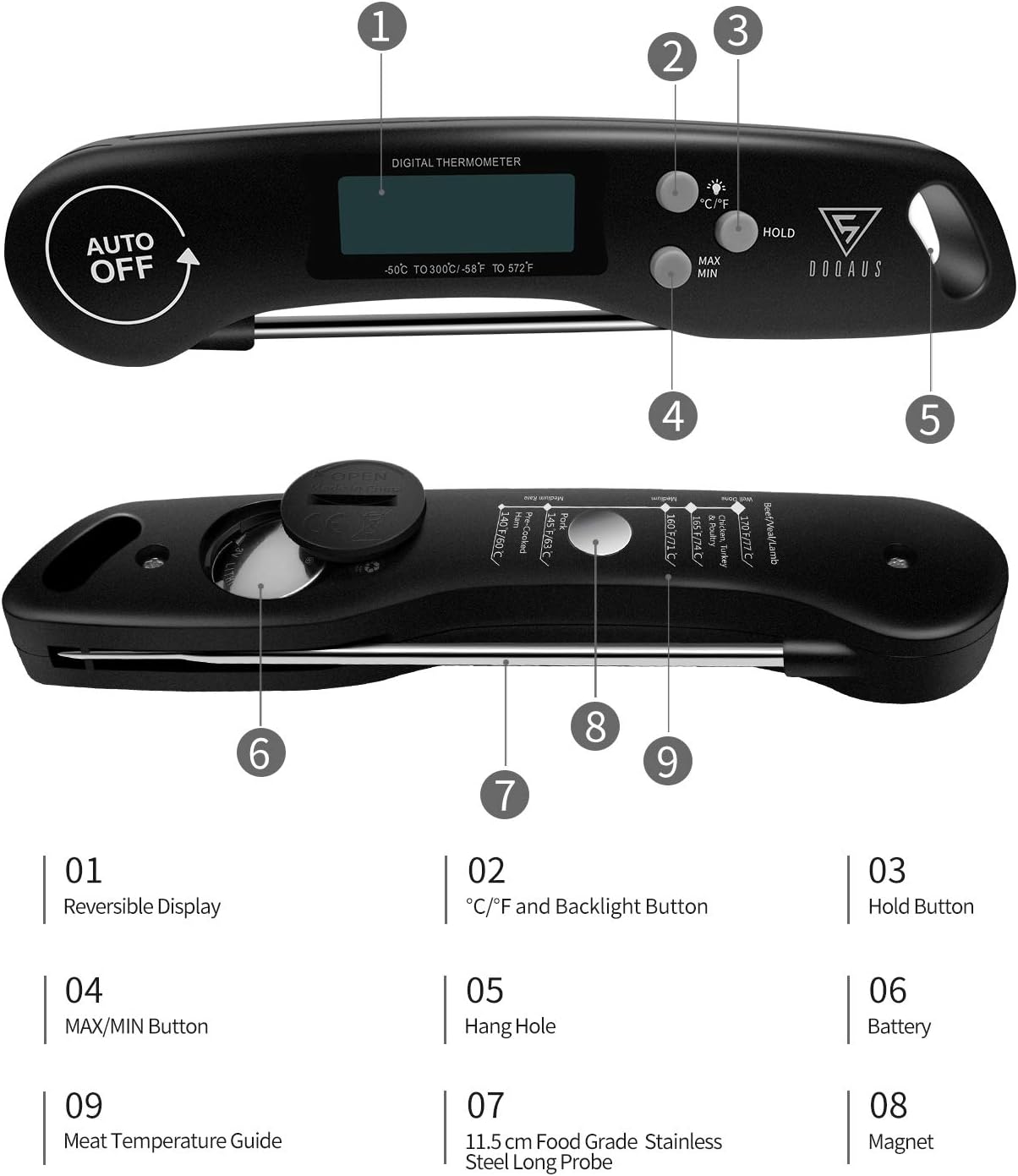 DOQAUS Digital Meat Thermometer 3s Instant Read Foldable Probe Grill Thermometer
