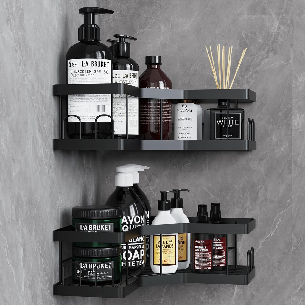 AceMining Shower Caddy 2-Pack Black Carbon Steel Adhesive Corner Shelf