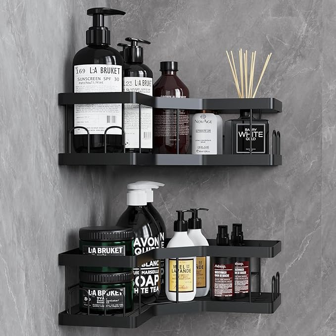 AceMining Shower Caddy 2-Pack Black Carbon Steel Adhesive Corner Shelf