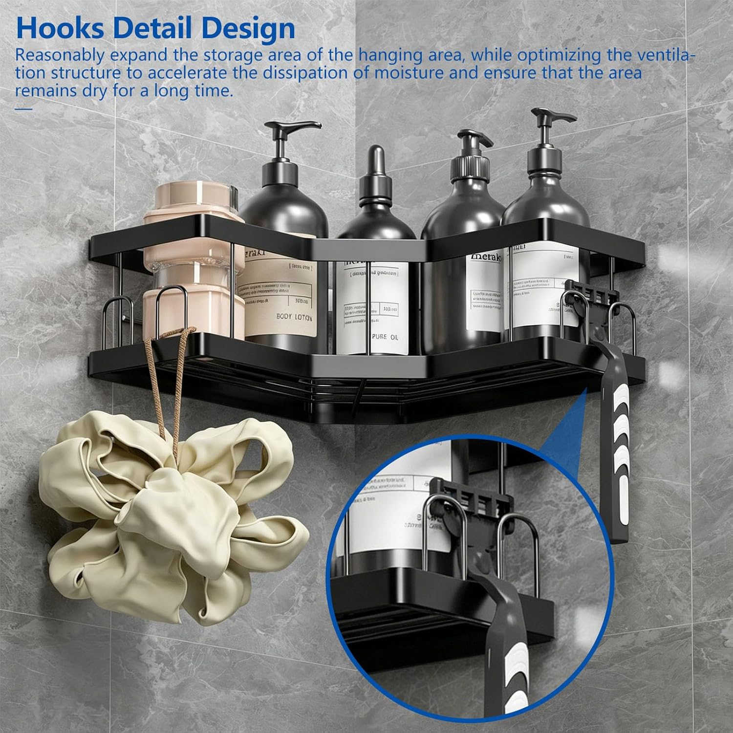 AceMining Shower Caddy 2-Pack Black Carbon Steel Adhesive Corner Shelf