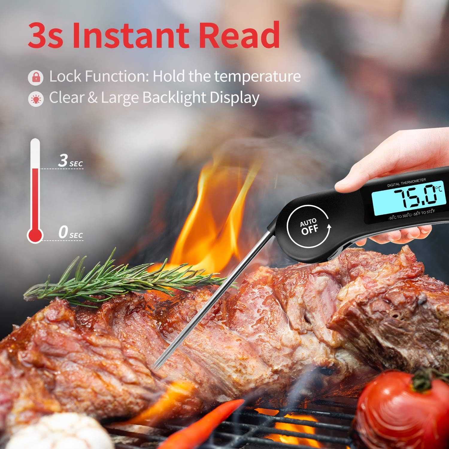 DOQAUS Digital Meat Thermometer 3s Instant Read Foldable Probe Grill Thermometer