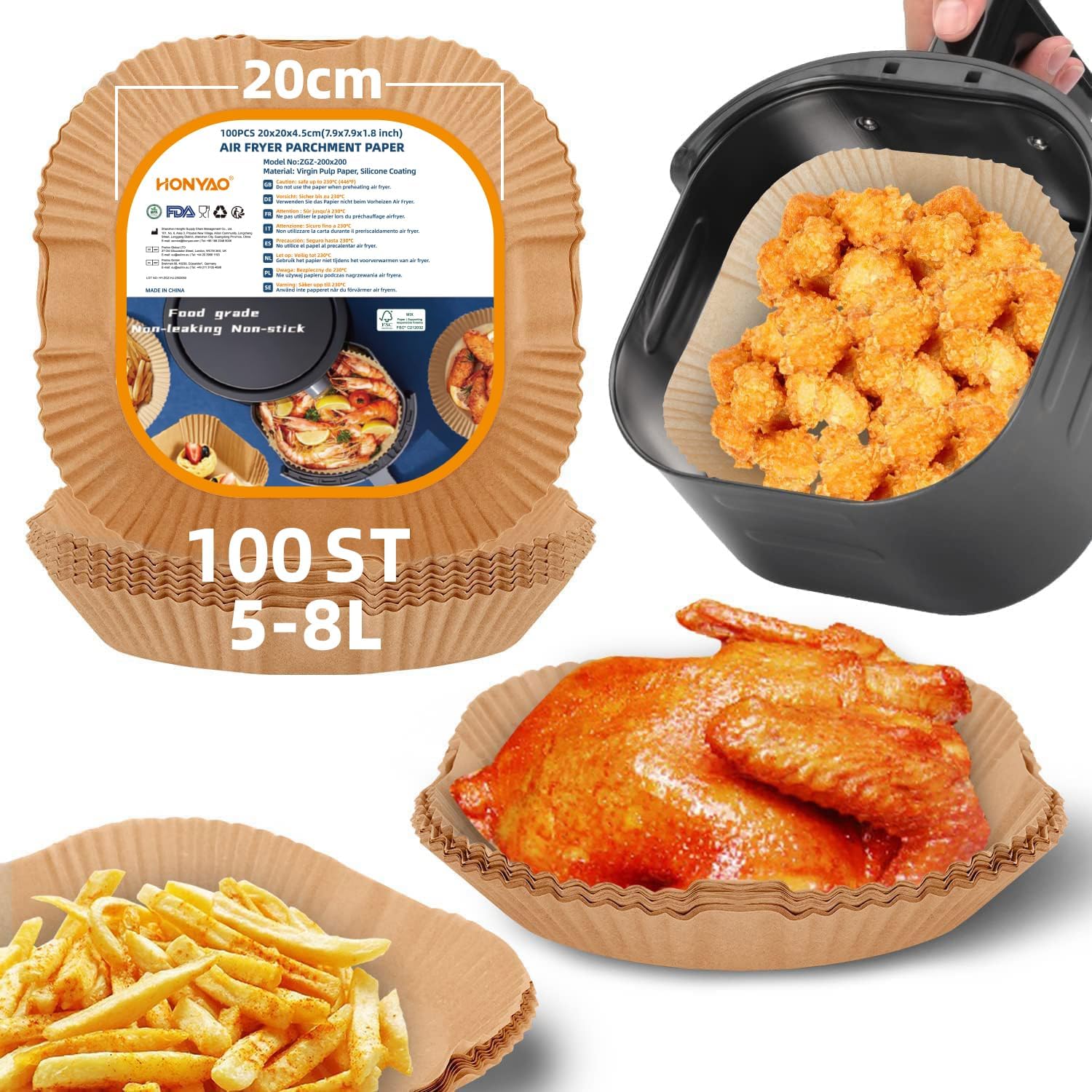 HONYAO Air Fryer Baking Sheet 8x8 Inch Non-Stick Disposable Paper Liner 100 Pieces