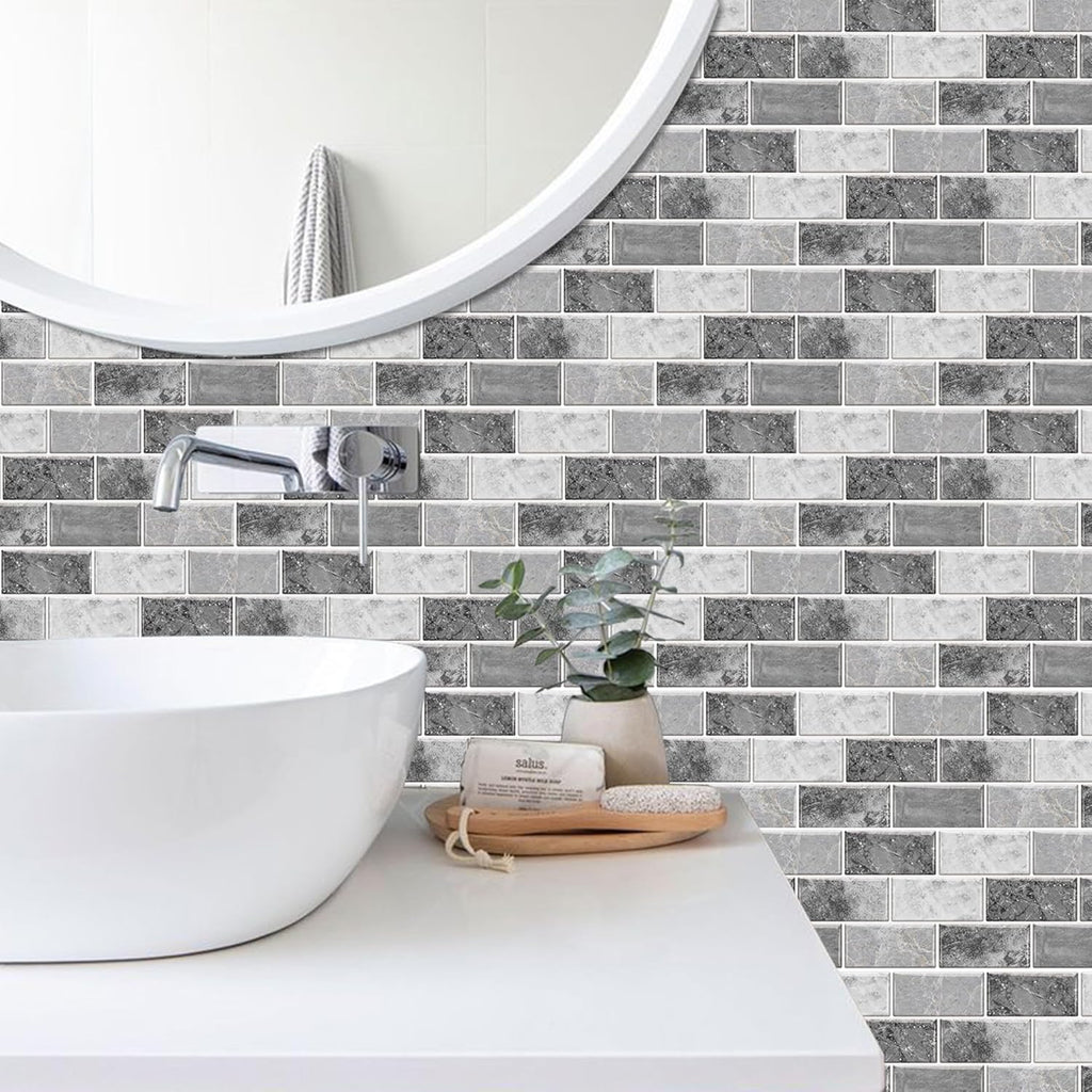 AMOYUN 24 Sheets Self-Adhesive Vinyl Tile Stickers Retro Grey Kitchen Bathroom Decor