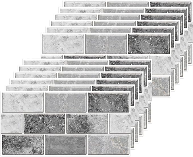 AMOYUN 24 Sheets Self-Adhesive Vinyl Tile Stickers Retro Grey Kitchen Bathroom Decor