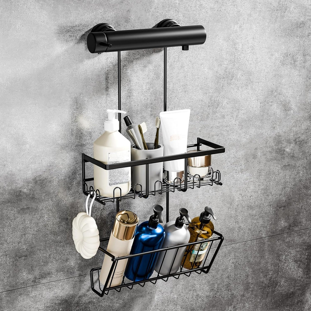 HouseUp No Drill Shower Caddy Stainless Steel Black 2-Tier Hanging Organizer