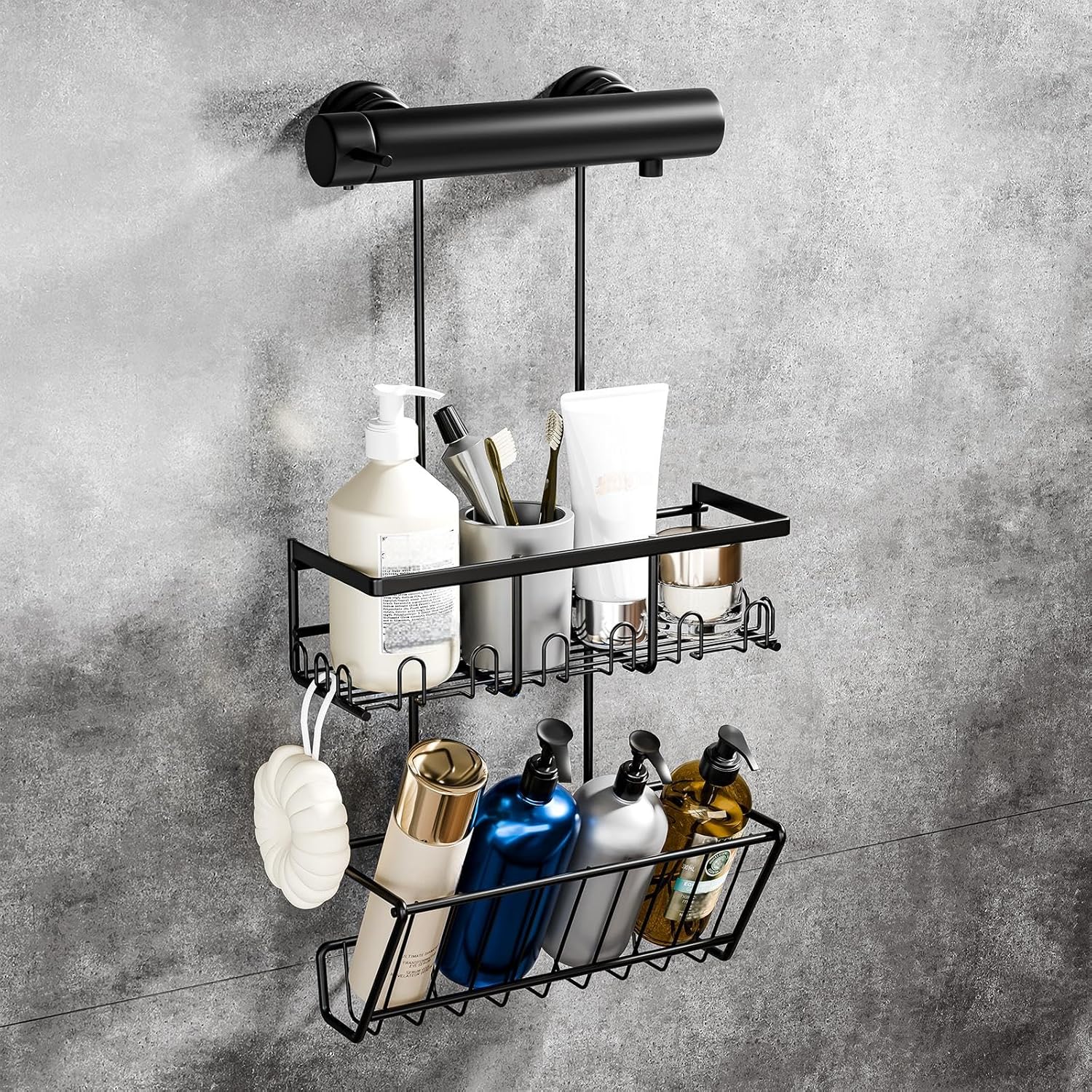 HouseUp No Drill Shower Caddy Stainless Steel Black 2-Tier Hanging Organizer