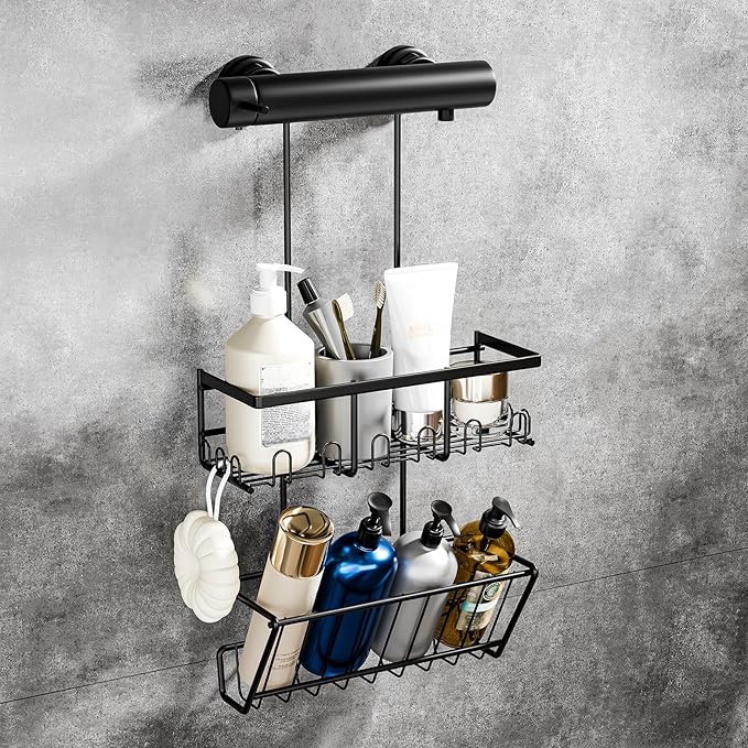 HouseUp No Drill Shower Caddy Stainless Steel Black 2-Tier Hanging Organizer